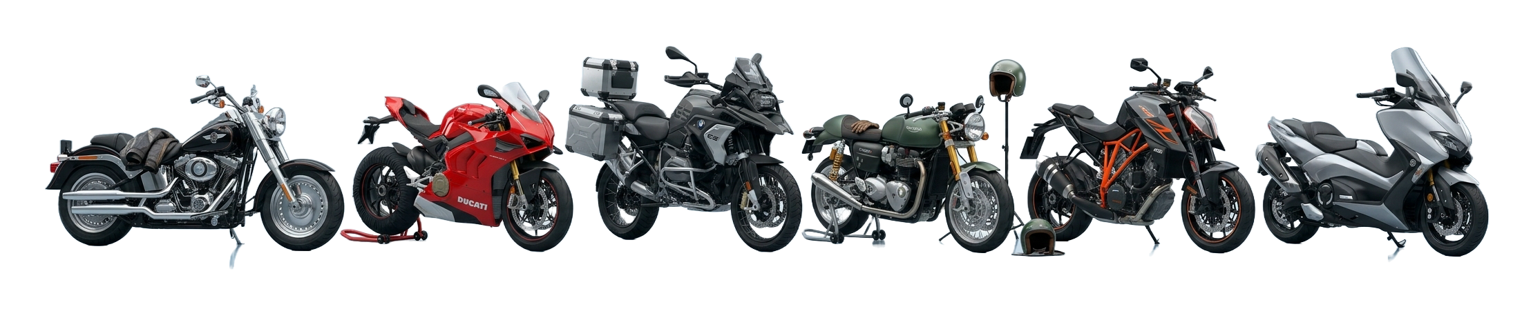 A lineup of new and used motorcycles - cruiser, sport bike, adventure tourer, retro, naked bike and maxi-scooter - managed in DealerShark