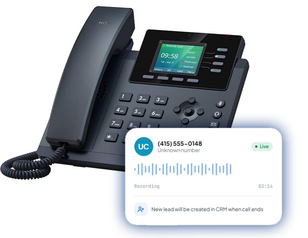 A desk phone and the screen of a live call: unknown number, recording in progress, a new lead created when the call ends