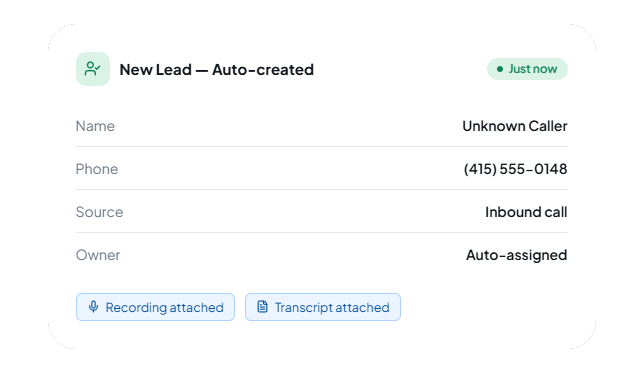 The record of an automatically created lead: unknown caller, phone number, inbound call source, recording and transcript attached