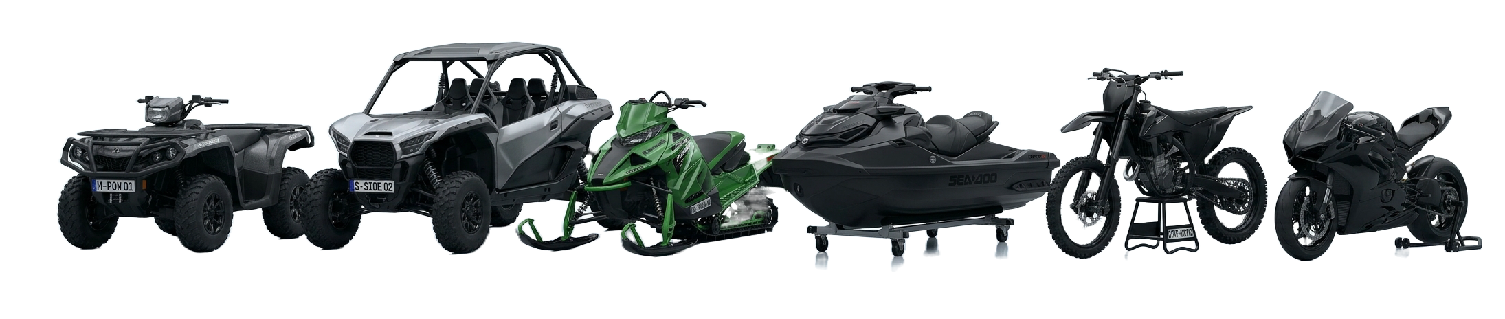 An ATV, a side-by-side, a snowmobile, a personal watercraft, a dirt bike and a sport bike managed in DealerShark